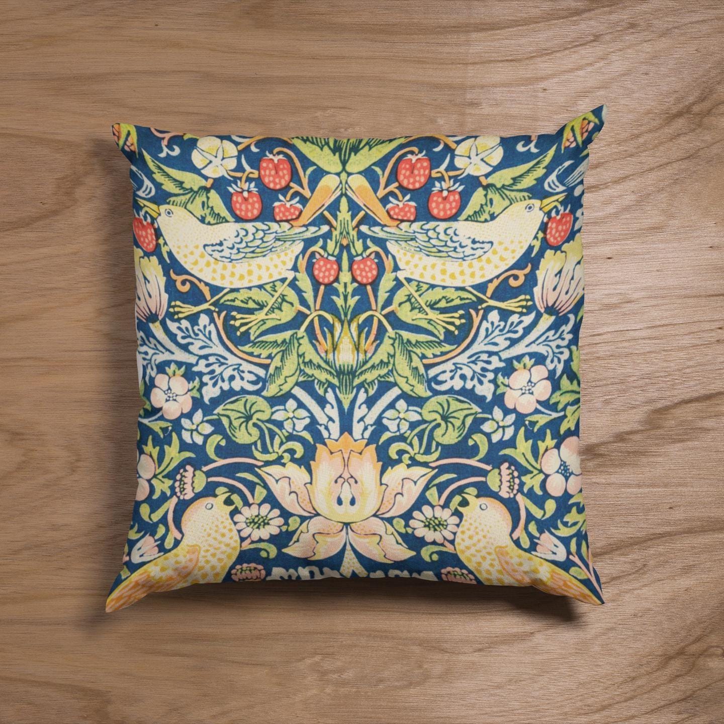 Cojín Acolchado Para Silla – Tapiz Azul William Morris Strawberry Thief – Lazos Para Fijar – Estilo Campestre Francés – 16x16x3 Pulgadas