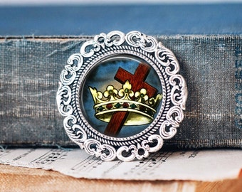 Religious Brooch Pin - Cross and Crown Brooch Pin - Cross and Crown Jewellery - Religious  Jewellery - Christian Brooch Pin - Religious Gift