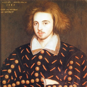 May include: Portrait of a man with auburn hair, wearing a black doublet with orange accents and gold buttons. The portrait includes text at the top and bottom. The man has a white collar and a small mustache and goatee.