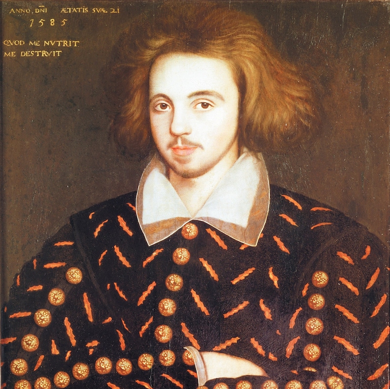 May include: Portrait of a man with auburn hair, wearing a black doublet with orange accents and gold buttons. The portrait includes text at the top and bottom. The man has a white collar and a small mustache and goatee.