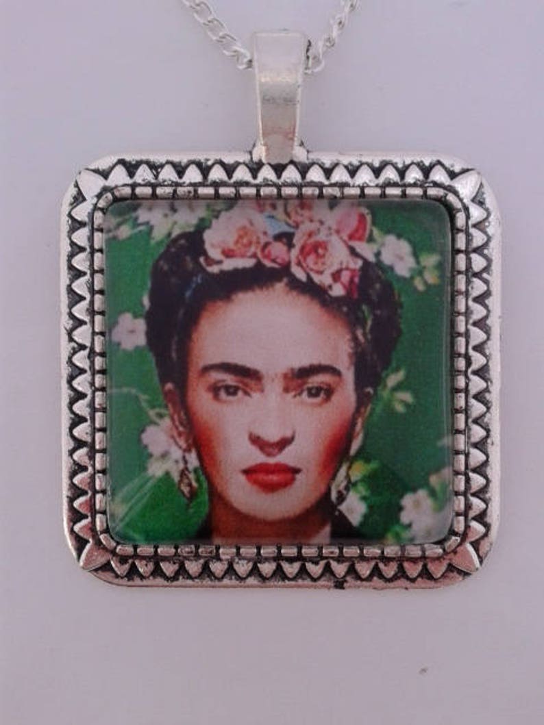 Frida Kahlo Green Square Cabochon Pendant Necklace