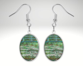 Monet Water Lilies Earrings: Japanese Footbridge Art Jewellery - Impressionist Gift
