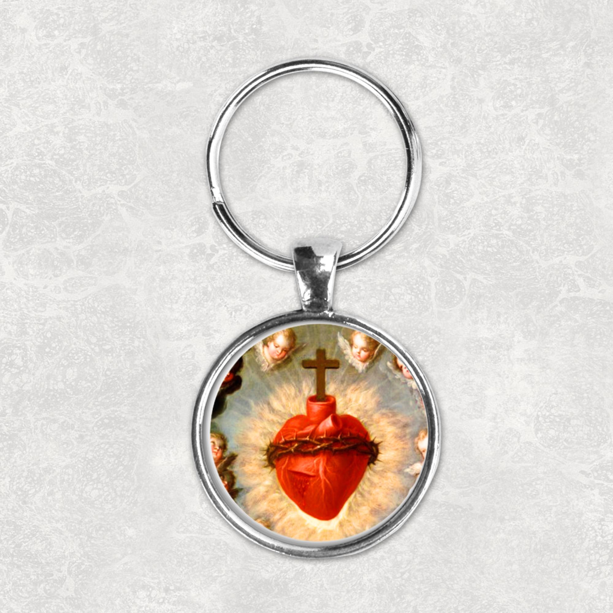 Llavero Con Cabujón Del Sagrado Corazón De Jesús - Plata, Símbolo De Amor Y Paz