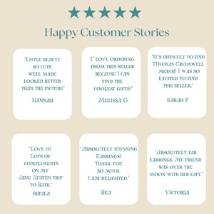 May include: A light beige graphic with the text "Happy Customer Stories" and five teal stars. Six customer testimonials are displayed in white rounded rectangles, each with a quote and a customer's name.