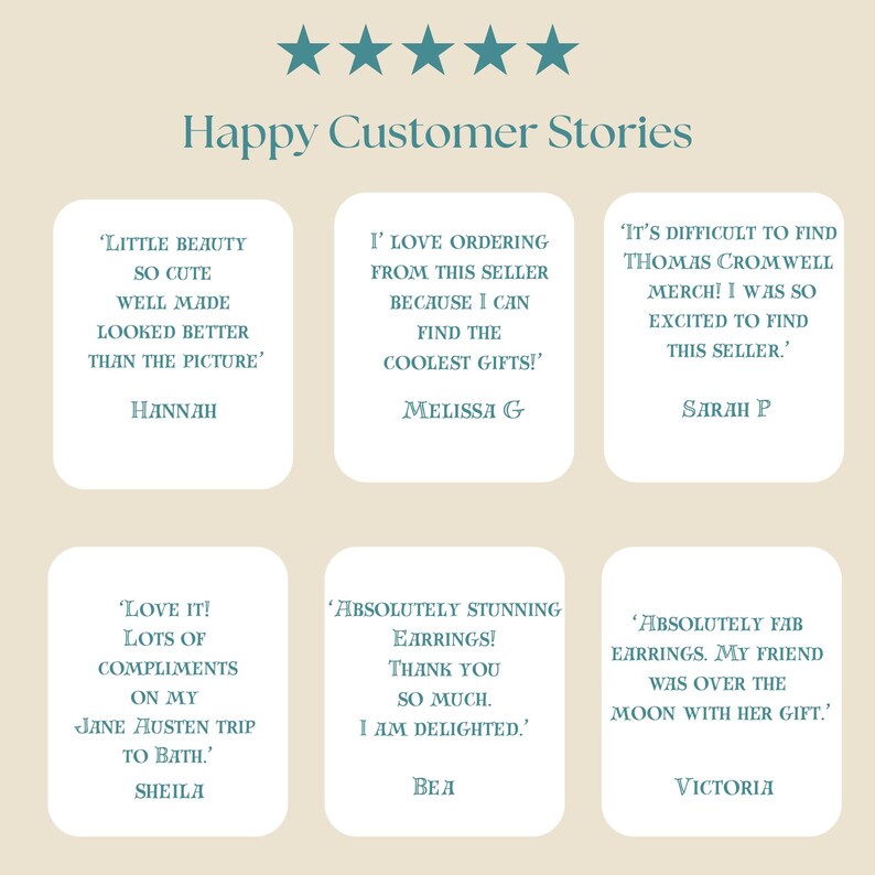 May include: A light beige graphic with the text "Happy Customer Stories" and five teal stars. Six customer testimonials are displayed in white rounded rectangles, each with a quote and a customer's name.