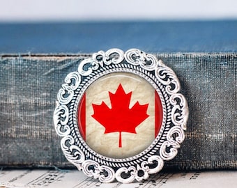 Canadian Maple Leaf Flag Brooch: Glass Cabochon Pin