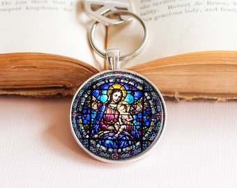 Stained glass Virgin and Child Key Ring -  Stained Glass Religious Key Ring -  Church Key Ring - Religious Key Ring
