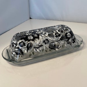 Hand Painted Black and White Butter Dish. Butter Dish with Black and White Flowers. Glass Covered Butter Dish. Painted Glass Butter Dish.