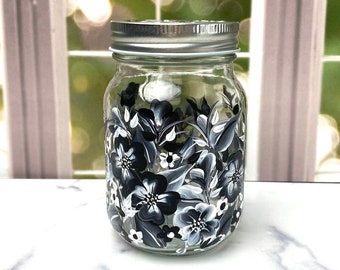 Hand Painted  Mason Jar with Metal Lid: Black & White Garden Art- Unique Cottage Decor