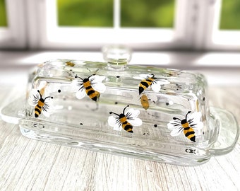 Butter Dish. Covered Bee Butter Dish. Butter Dish w/ Handle. Narrow Painted Butter Dish with Honey Bees. Glass Butter Dish. Gift for Mom.