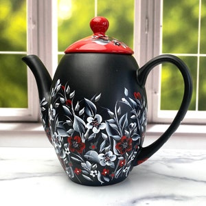 Black Teapot. Hand Painted Black/Red/White Teapot. Unique Art Teapot. Teapot Lover. Teapot Collector. Black Floral Teapot. Gift for Her/Mom