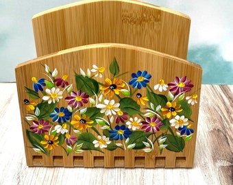 Napkin Holder. Bamboo Holder for Napkins. Adjustable Napkin Holder. Hand Painted. Wildflowers on Napkin Holder. Art Gift for Her, Mom, Sis.