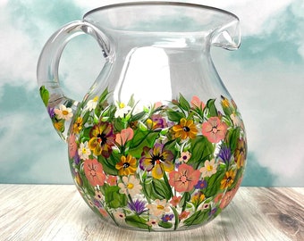 Acrylic Pitcher. Painted Garden Art Pitcher.  Colorful Lightweight Pitcher. Water Jug For Table. Outdoor Summer Pitcher. Pink Purple Florals