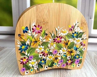 Napkin Holder. Wildflower Holder for Napkins. Bamboo Napkin Holder. Hand Painted Floral Napkin Holder. Dining Decor. Table Decor. Art Gift