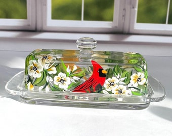 Hand Painted Cardinal Butter Dish. Glass Covered Butter Dish. Butter Dish with Handle. Painted Butter Dish with Cardinal Art. Gift for Mom.