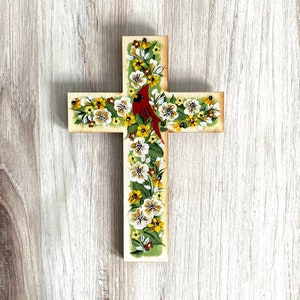 Wood Cross. HANDMADE CROSS/Painted Floral Cross for Wall. Religious/ Spiritual Gift. Cardinal Art Cross. Wall Crucifix. Painted Bird Cross.