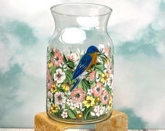 Vase for Flowers. Pink and Blue Vase. Pink Floral and Blue Bird . Cottage/Country Decor. Painted Art Vase. Gift for Her/Mom/ Sister/Friend