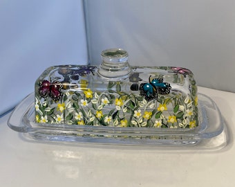 Hand Painted Butterfly Butter Dish. Glass Covered Butter Dish. Butter Dish with Handle. Painted Butter Dish with Butterflies. Gift for Mom.