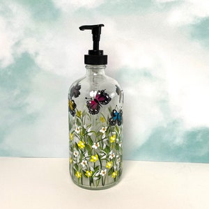 Soap Dispenser-Glass Soap Container- HAND PAINTED/HANDMADE Holder for Soap- Bath/Kitchen Decor- Ivy Cottage Art Gifts- Butterfly Soap Pump