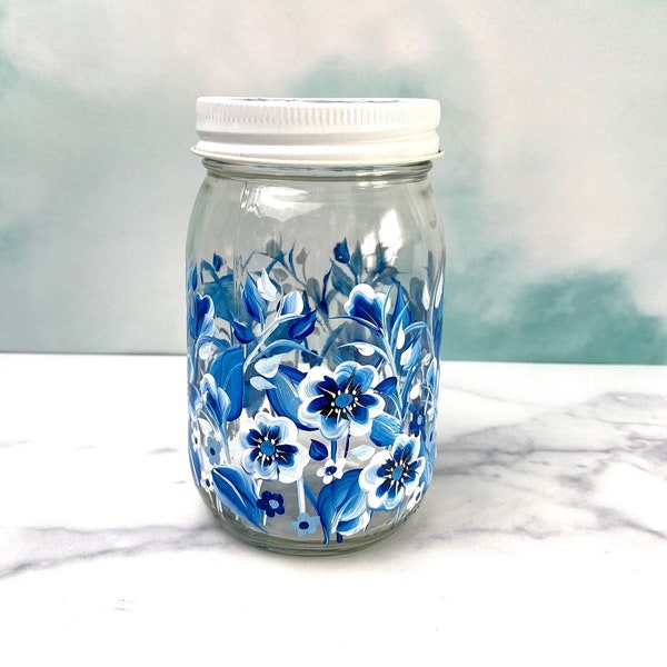 Jar. Covered Jar. Hand Painted Drinking Glass with Cover. Blue Floral Garden Art Gift. Drinking Functional Art. Painted Mason Jar. Jar Art