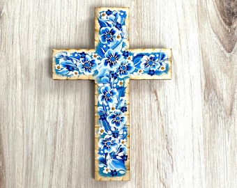 Hand-Painted Floral Birchwood Cross: Religious Wall Decor-Laser Cut Blue and White Crucifix