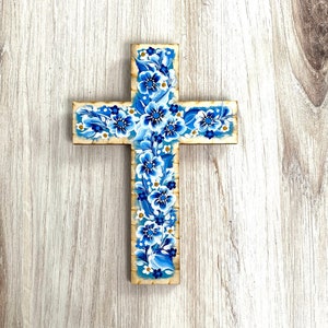 Hand-Painted Floral Birchwood Cross: Religious Wall Decor-Laser Cut Blue and White Crucifix