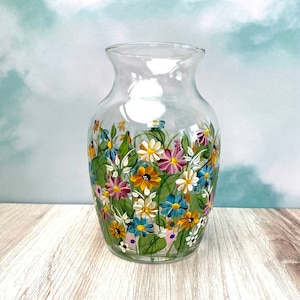 Hand Painted Vase/ Wildflower Garden Art/  Vase Colorful Florals/ All Occasion Gift. Vase Painted with Daisies/ Unique Popular Cottage Decor