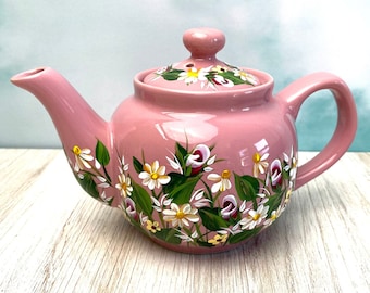 Hand Painted Pink Floral Teapot: 2 Cup Rose Bud,Daisy, Cottage Design- Tea Table Dining