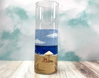 Cylinder Vase. Beach Glass Vase. Tall Hand Painted Vase. Beach with Seagulls on Vase. Beach Decor/Beach Home Gift. Beach Umbrella Vase.