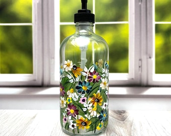 Hand Painted Wildflower Soap Dispenser: Cottage Kitchen Decor, Country Style, Functional Garden Art