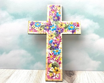 Handmade Floral Birchwood Cross: Religious Wall Decor- Pastel Daisy Crucifix for Girl