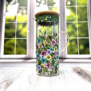 1.8 L Clear Glass Pitcher with Lid with Gzhel Floral Decal
