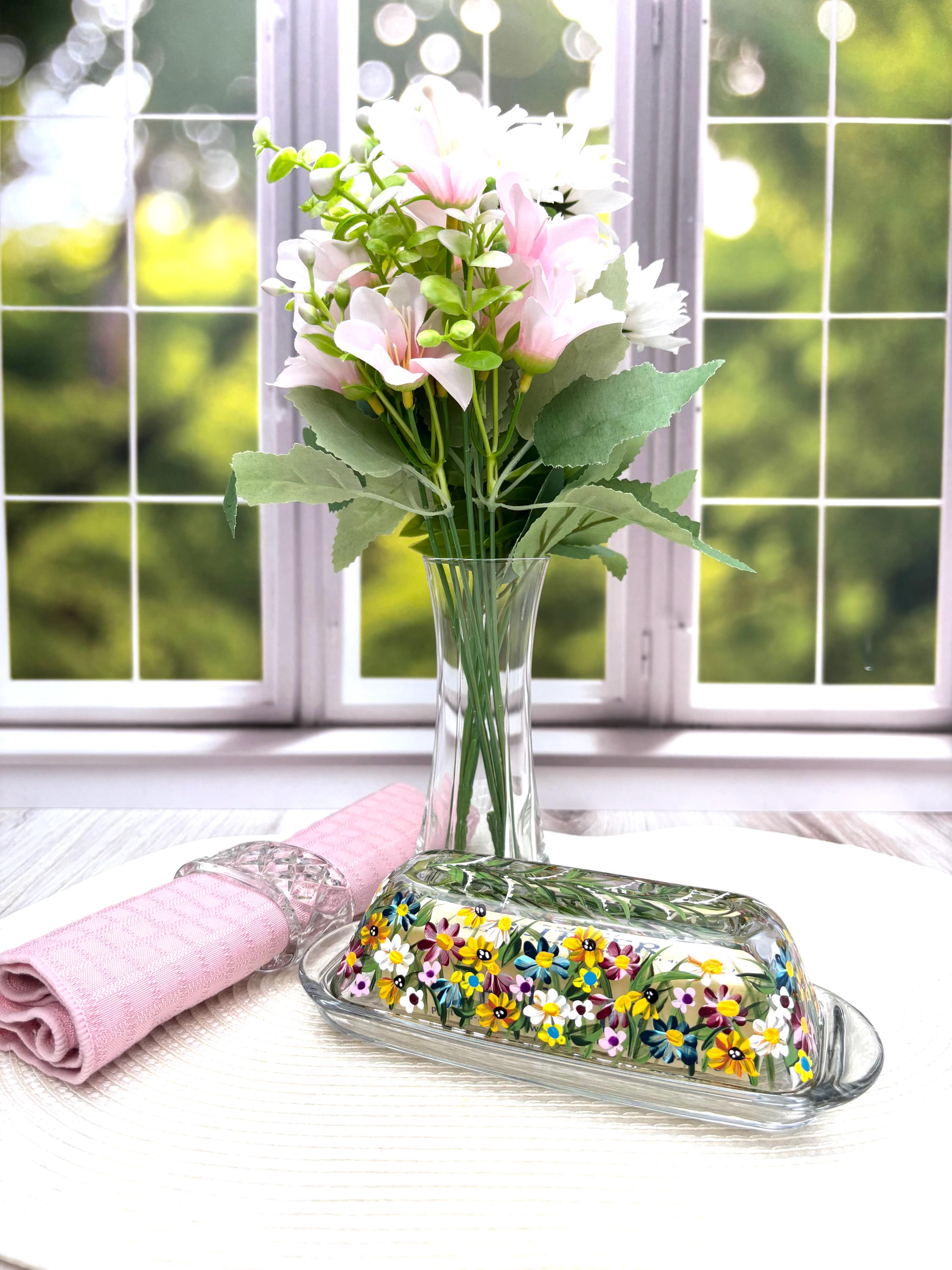 Butter Dish- Glass Butter Holder. Painted Glass Butter Dish- HANDMADE/Wildflower Garden Butter Dish. Butter Dish w/ Lid. Unique Butter Dish