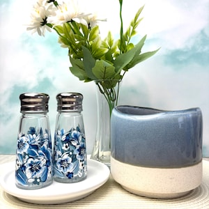 Blue & White Salt Pepper Shakers/ Hand Painted- Functional Art Gift - Blue Floral Shakers/ Kitchen Table Dining , Gift for Her Mom Sister