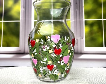 Hand Painted Hearts Glass Vase, Valentine's Day Gift-Pink and Red Love Design-Floral  Cottage Accent