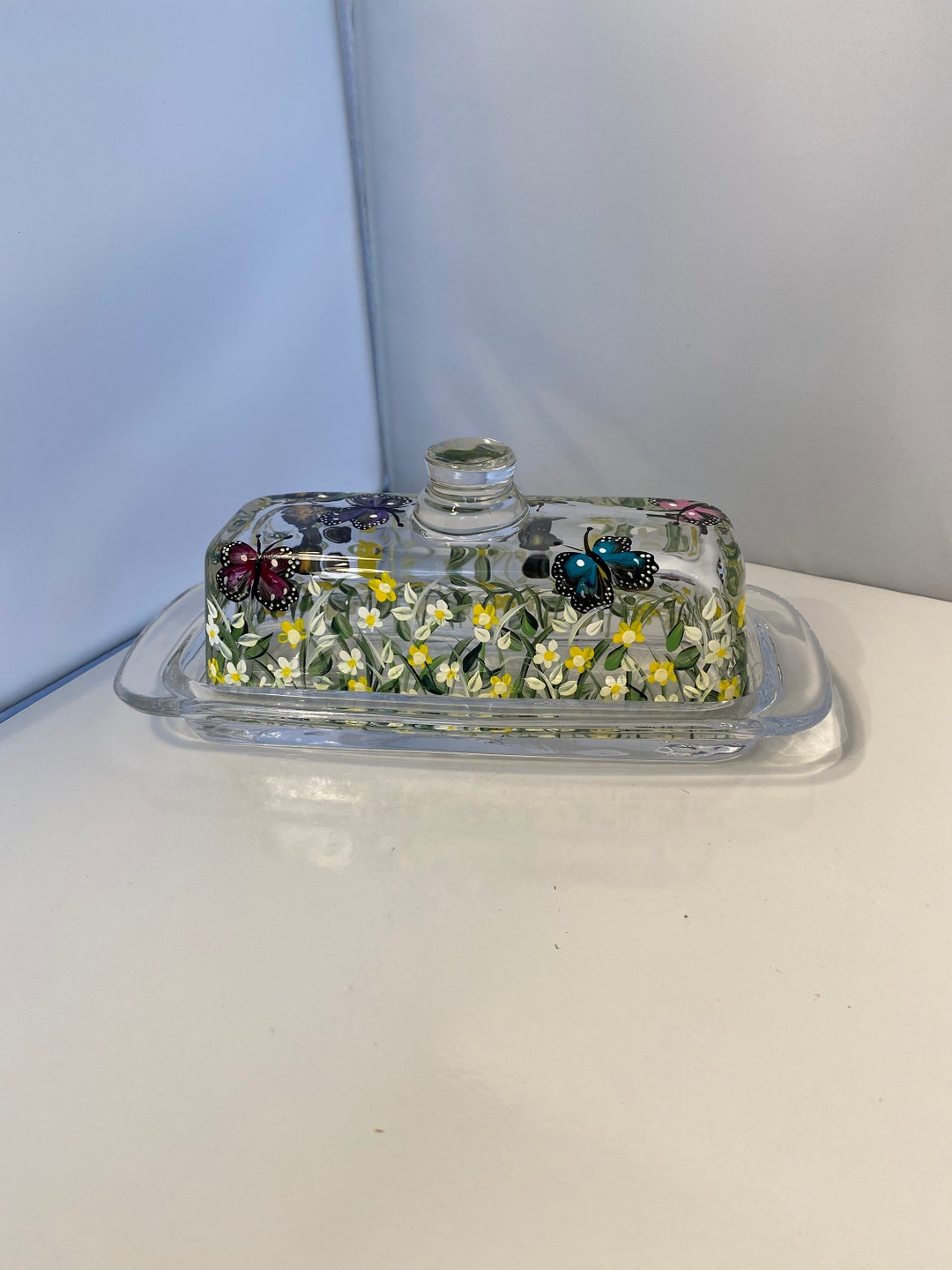 Hand Painted Butterfly Butter Dish. Glass Covered Butter Dish. Butter