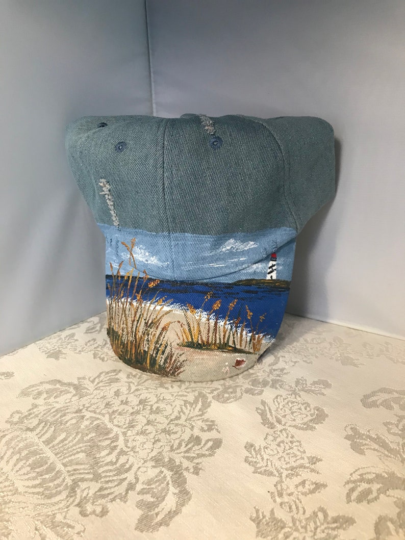 Beachwear Visor. Hand Painted Denim Baseball Cap with Lighthouse and Beach Scene Summer Beach Cap Painted Denim Lighthouse Base ball Cap