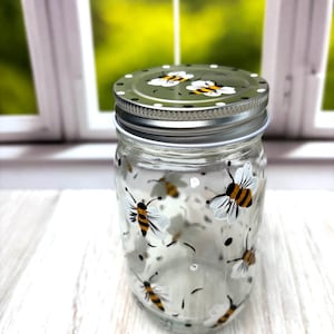 Jar. Covered Jar. Hand Painted Drinking Glass with Cover. Hand Painted Bee Art Gift. Drinking Functional Art. Painted Mason Jar. Bee Jar Art