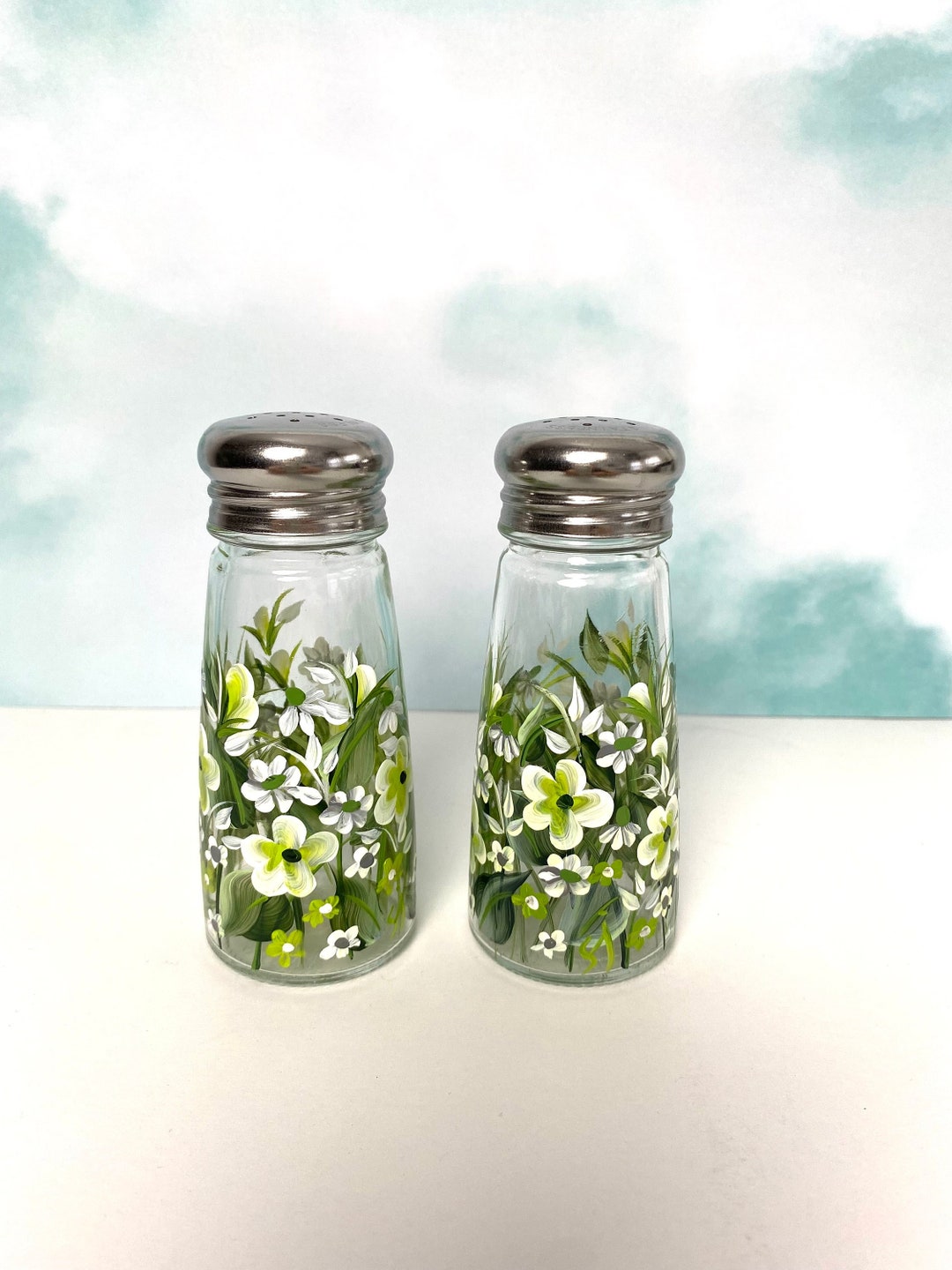 Salt and Pepper Shakers. White Floral. Kitchen Dining Decor. Neutral
