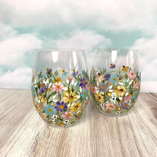 Hand Painted Stemless Wine Glass: Wildflower Daisy Art - Pastel Spring Decor, Country/Cottage Style