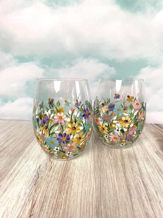 Stemless Wine. Spring Wine Glass. Hand Painted Wildflowers