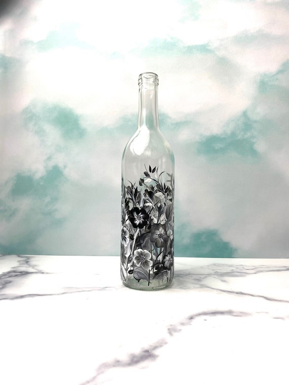 Hand Painted Oil Bottle: Black & White Floral Design, Gray Oil Cruet