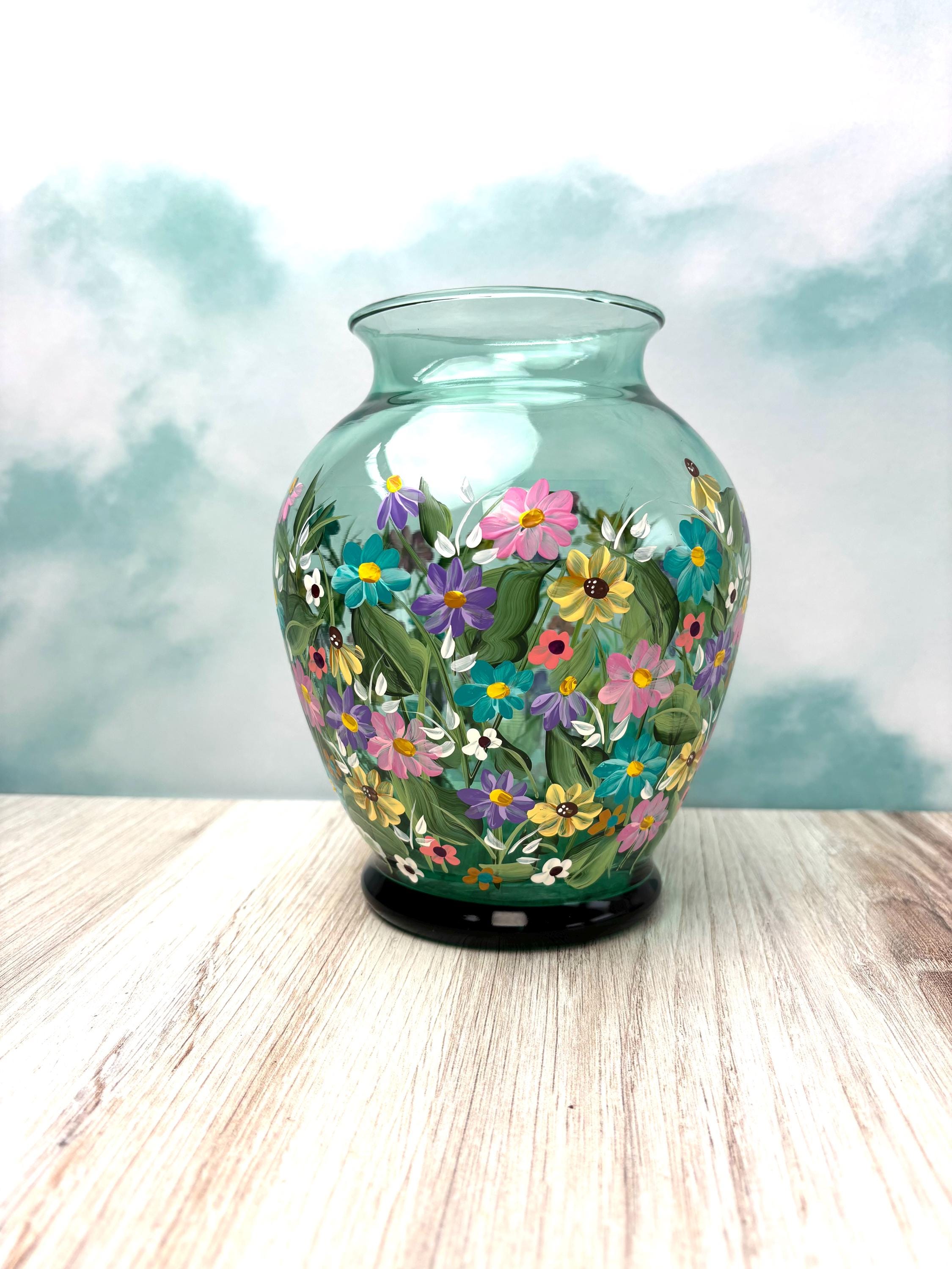 Green Vase. Wildflower Vase. Painted Glass Vase with Pastel Daisies. Colorful Green Floral Vase. All Occasion Gift. Vase Painted with Daisy.