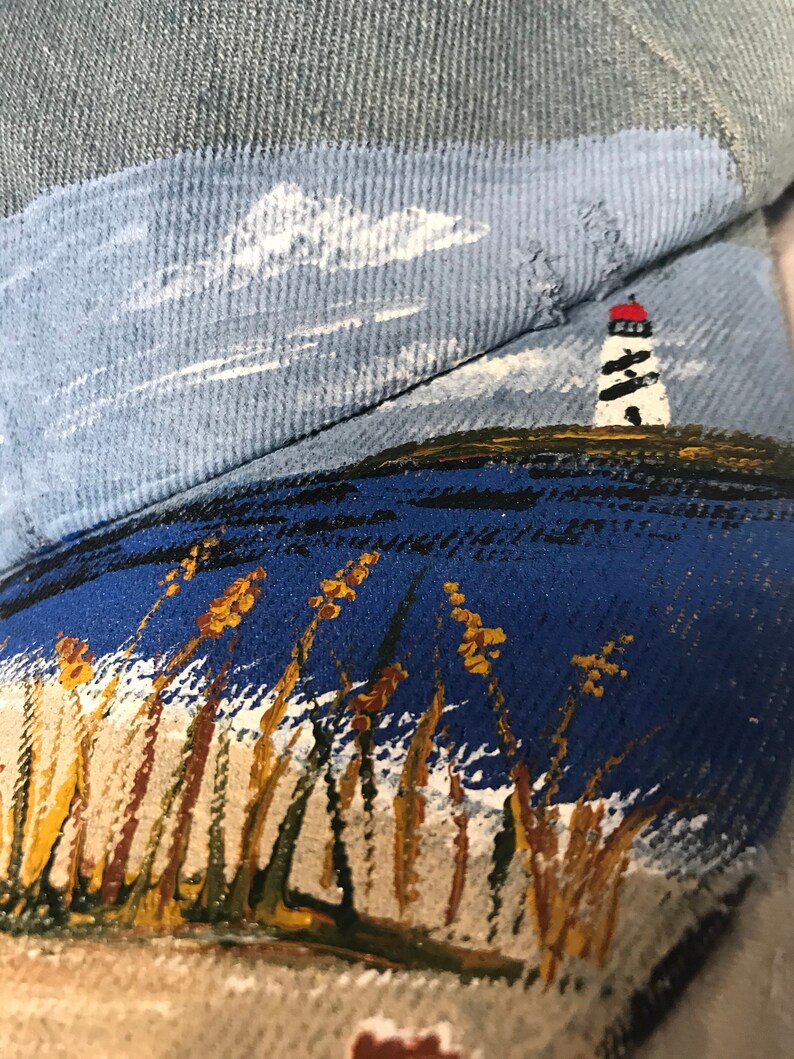 Beachwear Visor. Hand Painted Denim Baseball Cap with Lighthouse and Beach Scene Summer Beach Cap Painted Denim Lighthouse Base ball Cap