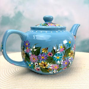 Hand Painted Wildflower Blue Teapot: Colorful Floral Garden Art, 2-Cup Tea Server