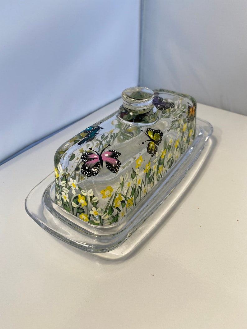 Hand Painted Butterfly Butter Dish. Glass Covered Butter Dish. Etsy