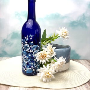 Hand-Painted Floral Oil Bottle: Blue & White Kitchen Decor