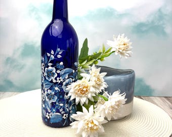 Hand-Painted Floral Oil Bottle: Blue & White Kitchen Decor-Wine Bottle Cottage/Country Table Dining