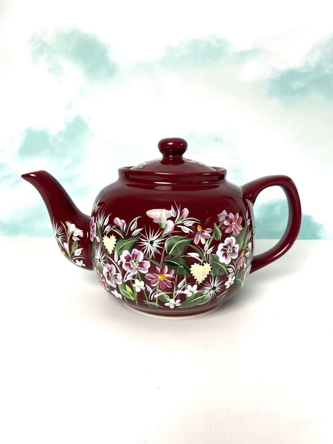 Teapot. 6 Cup Teapot. Cranberry Floral Teapot. Hand Painted Maroon Teapot. Garden Design Tea