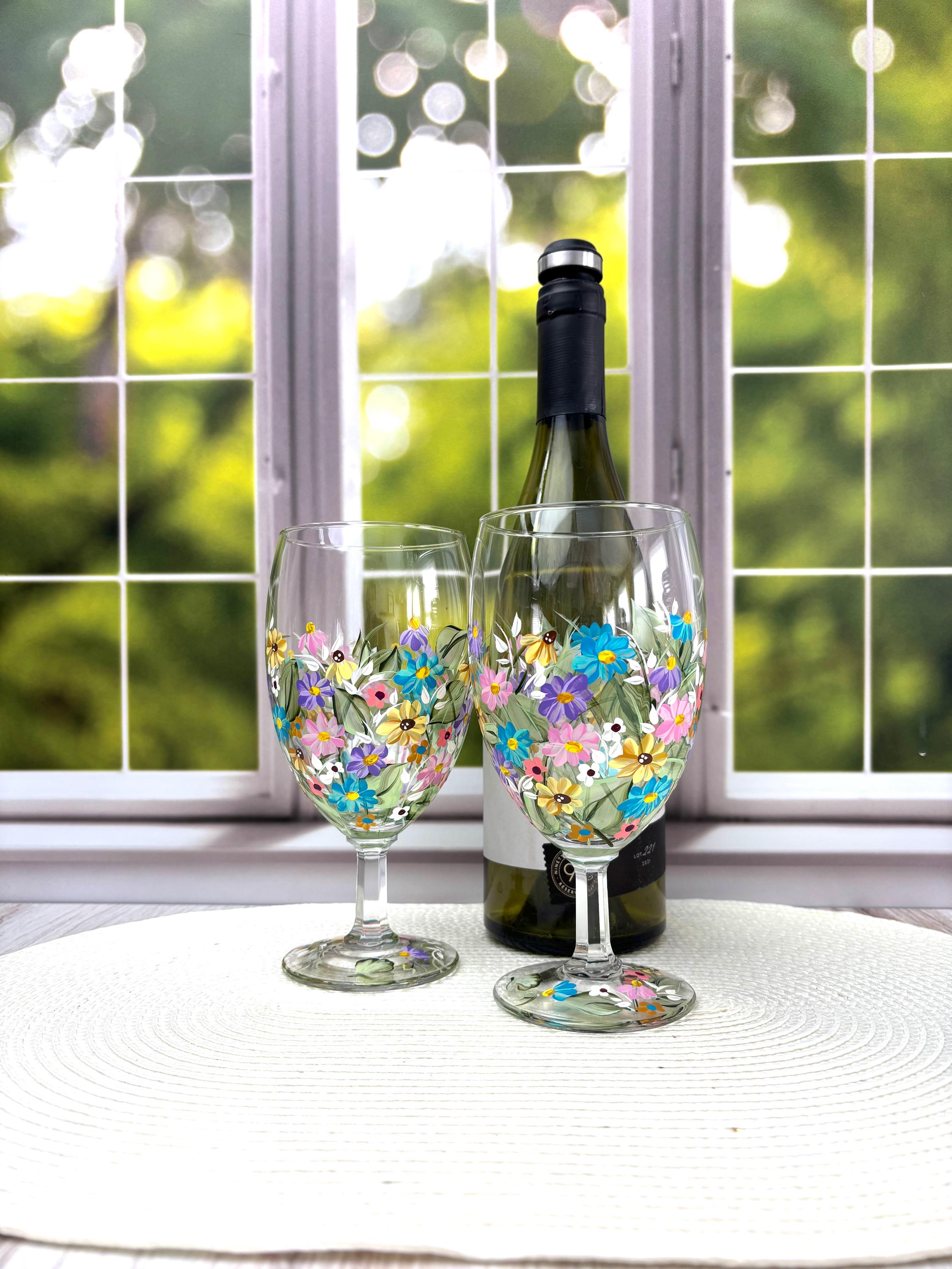 Hand Painted Pastel Wildflower Wine Glasses: Unique Dining Set- Garden Art  Water Goblet
